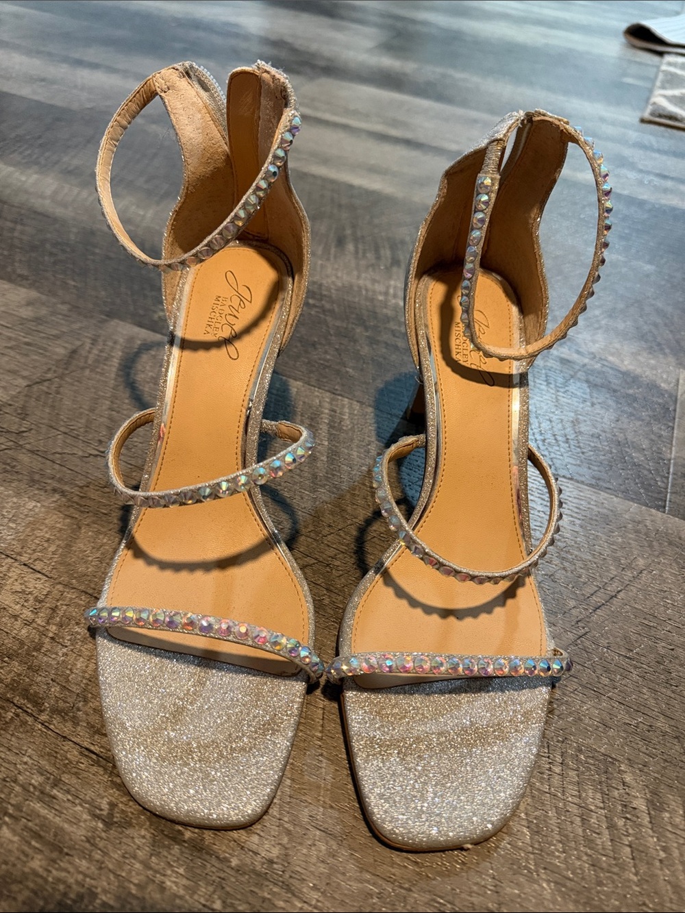 Jewel Badgley Mischka Silver Rhinestone Strappy Heels